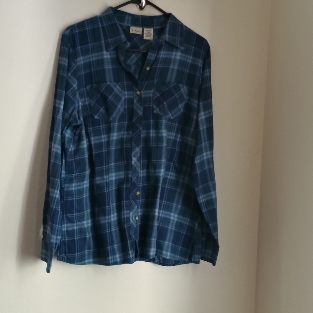 L.L. Bean Shirt Women S Blue Casual Button Down Plaid Rodeo Academia Layering